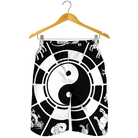 Black And White Chinese Zodiac Print Men's Shorts