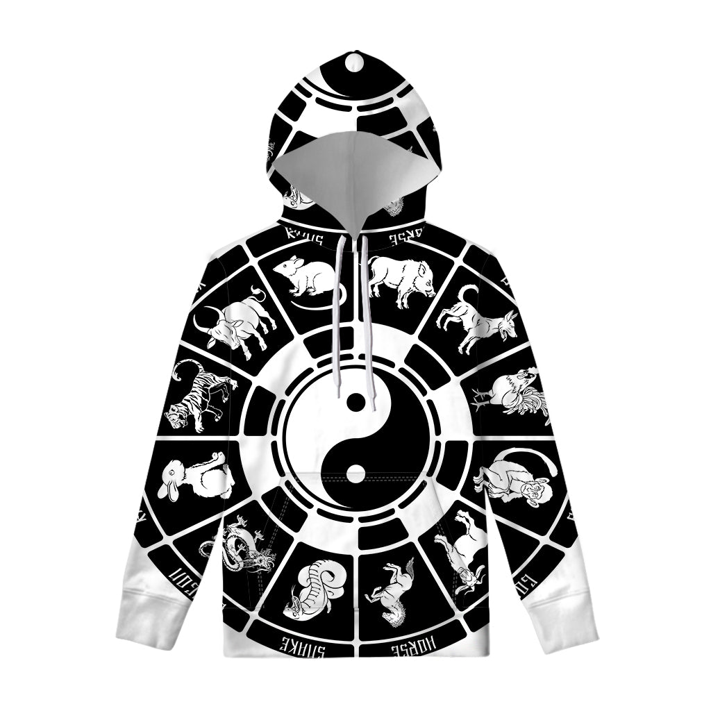 Black And White Chinese Zodiac Print Pullover Hoodie