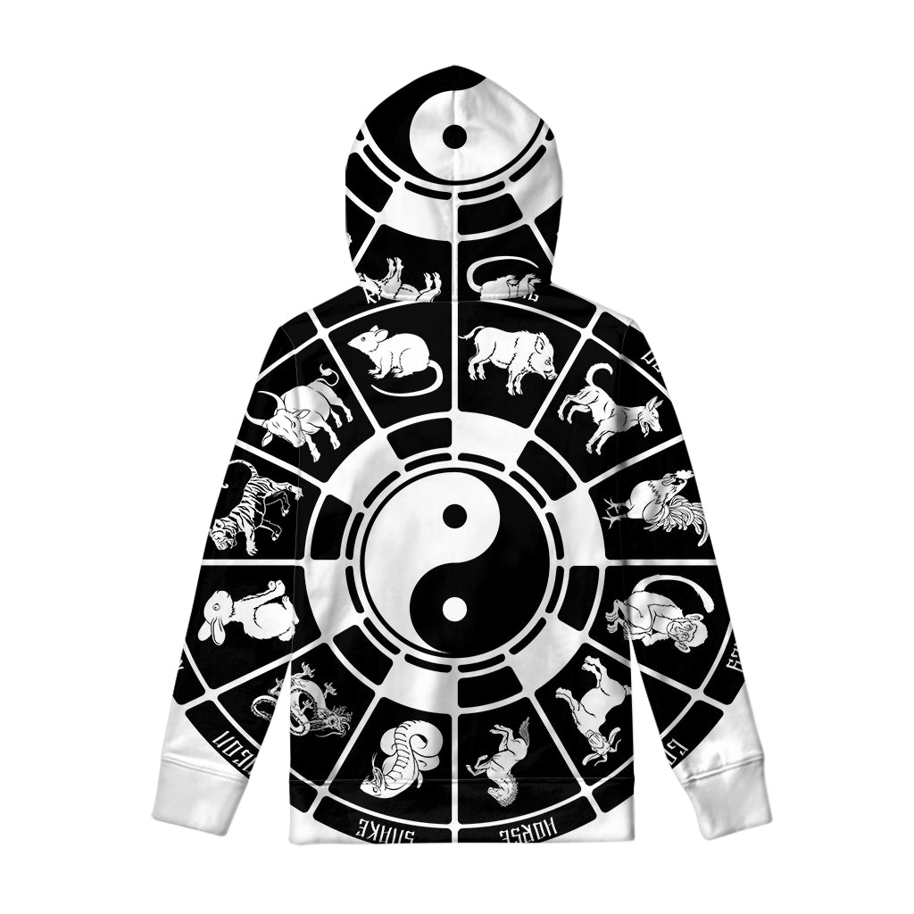 Black And White Chinese Zodiac Print Pullover Hoodie