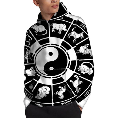 Black And White Chinese Zodiac Print Pullover Hoodie