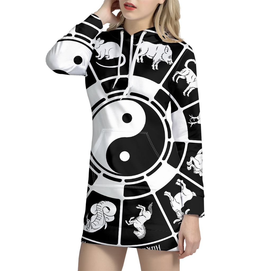 Black And White Chinese Zodiac Print Pullover Hoodie Dress