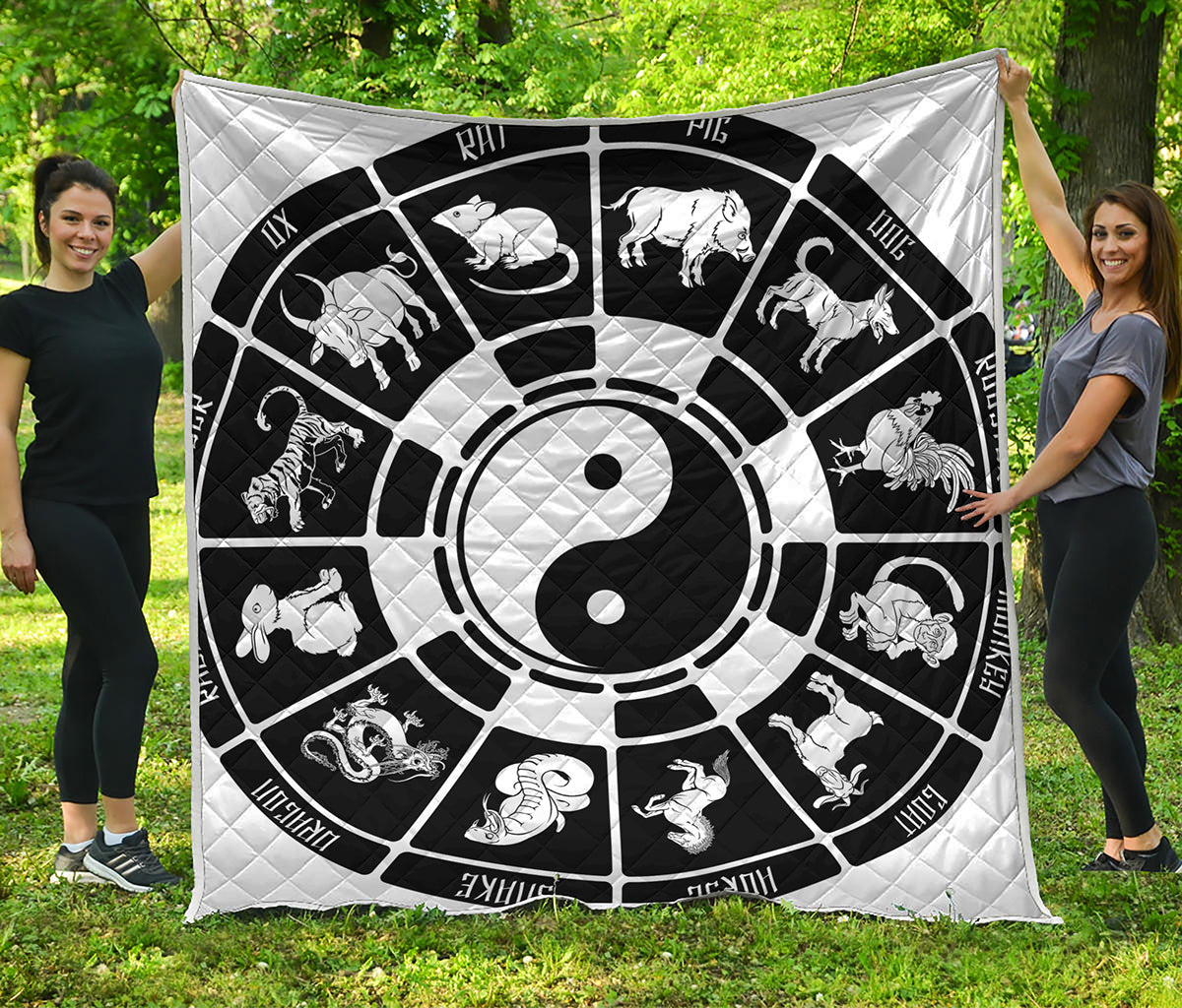 Black And White Chinese Zodiac Print Quilt