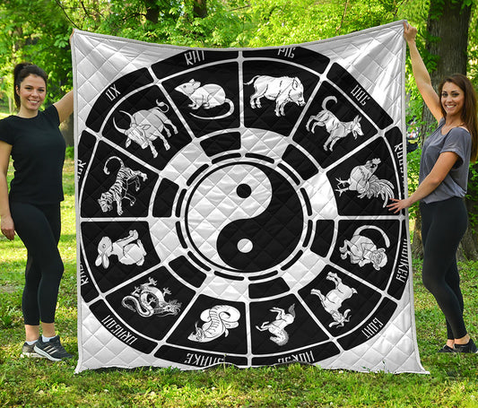 Black And White Chinese Zodiac Print Quilt