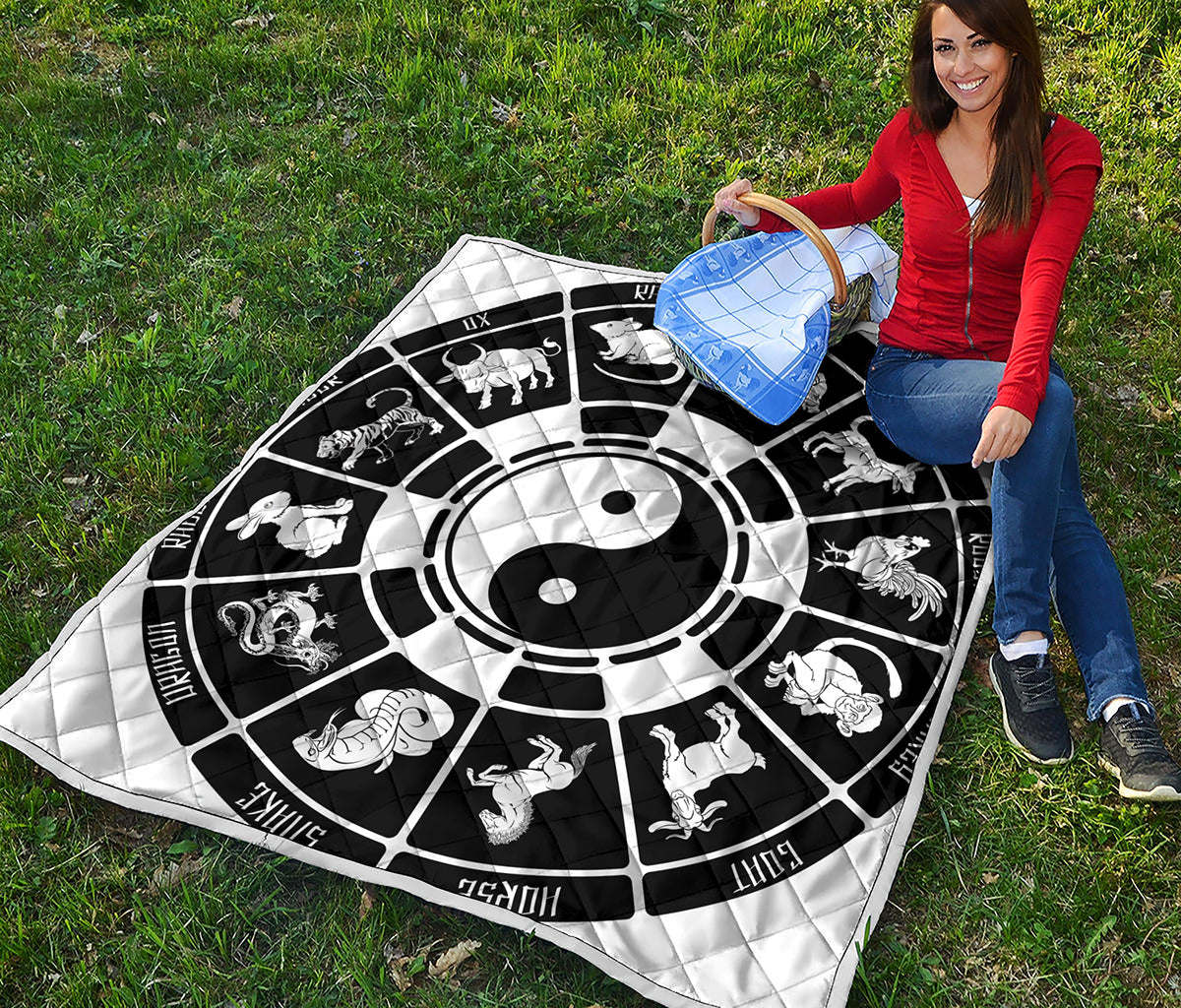 Black And White Chinese Zodiac Print Quilt