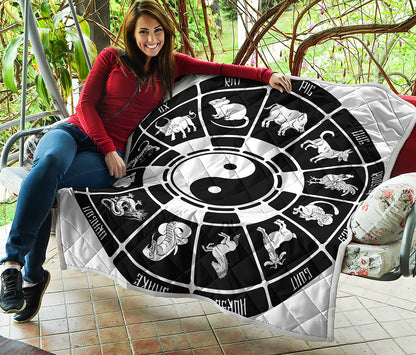 Black And White Chinese Zodiac Print Quilt