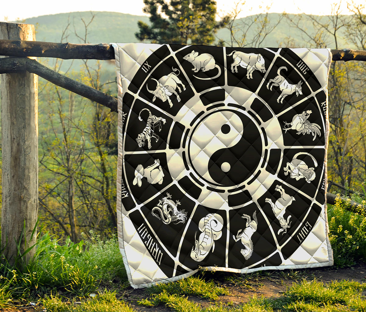Black And White Chinese Zodiac Print Quilt