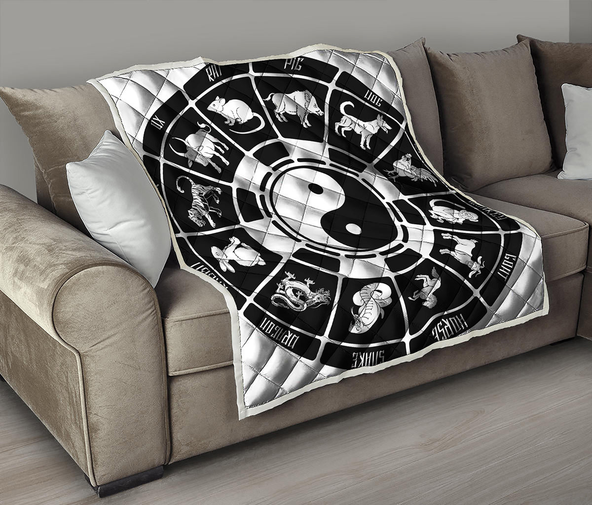 Black And White Chinese Zodiac Print Quilt