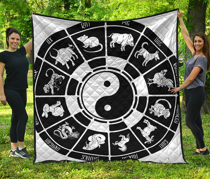 Black And White Chinese Zodiac Print Quilt