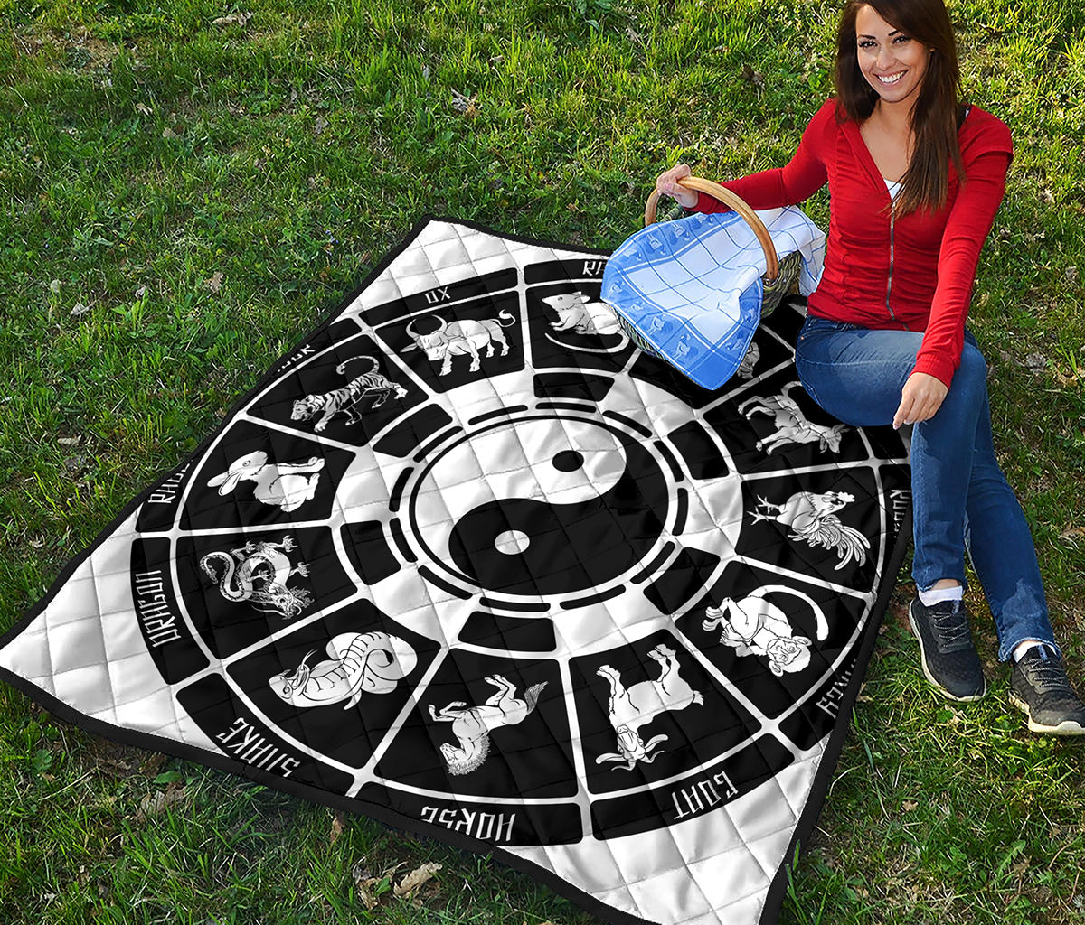 Black And White Chinese Zodiac Print Quilt