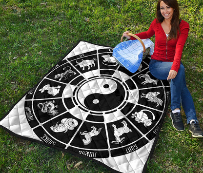 Black And White Chinese Zodiac Print Quilt