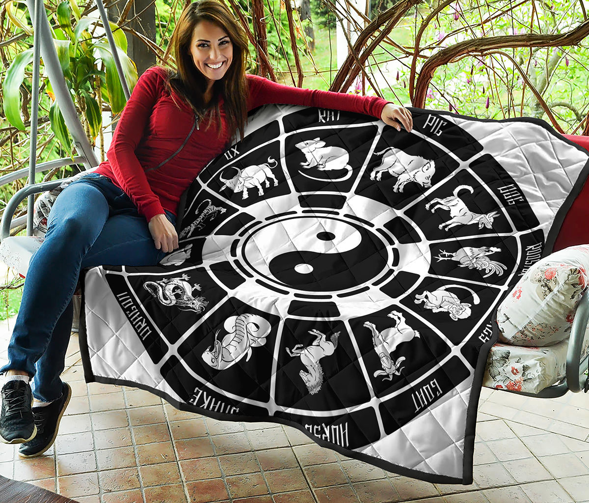 Black And White Chinese Zodiac Print Quilt