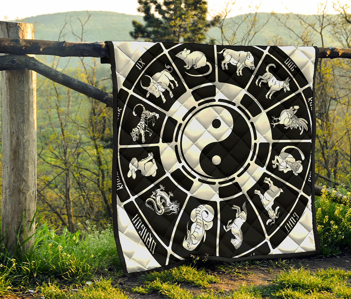 Black And White Chinese Zodiac Print Quilt