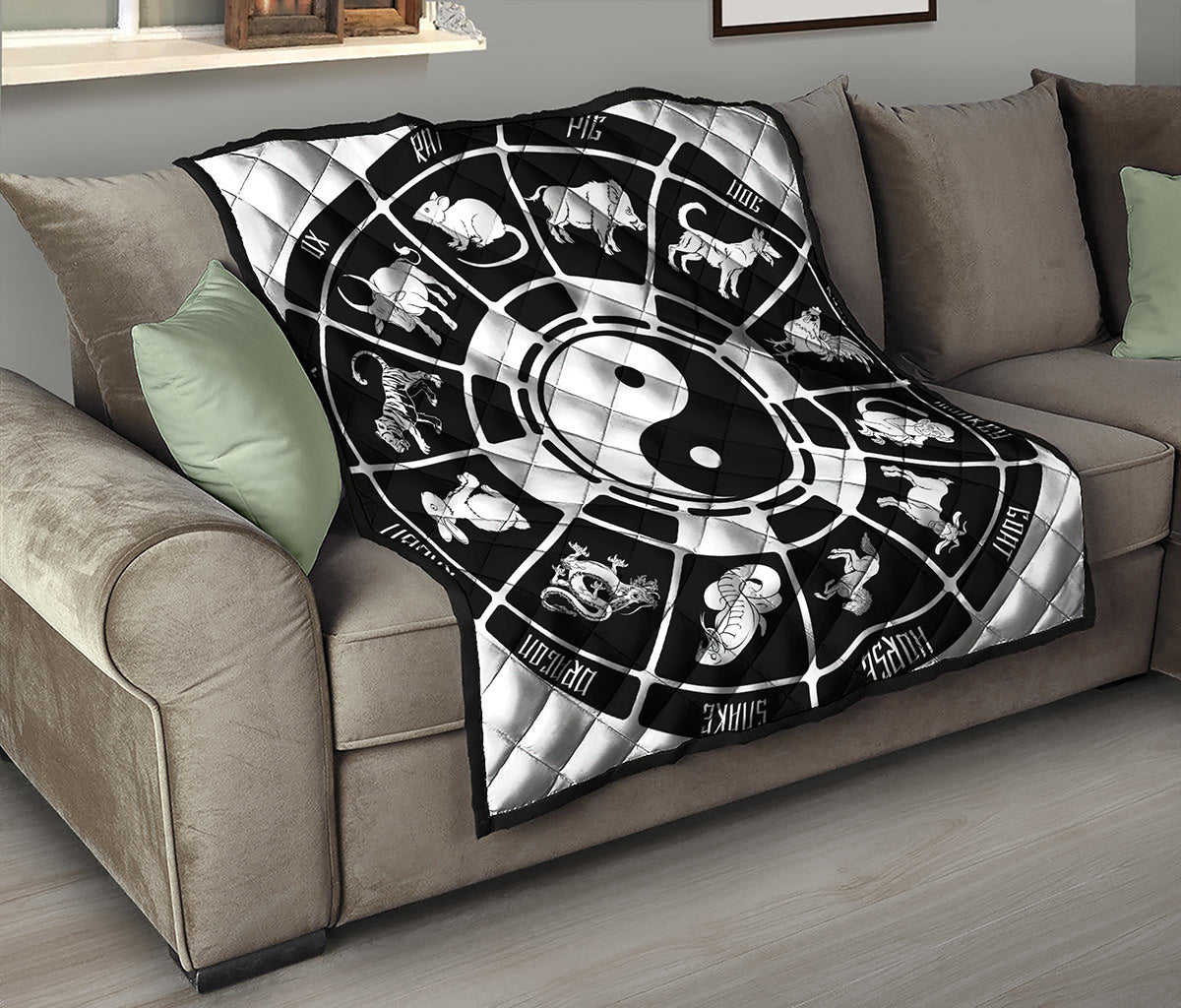 Black And White Chinese Zodiac Print Quilt