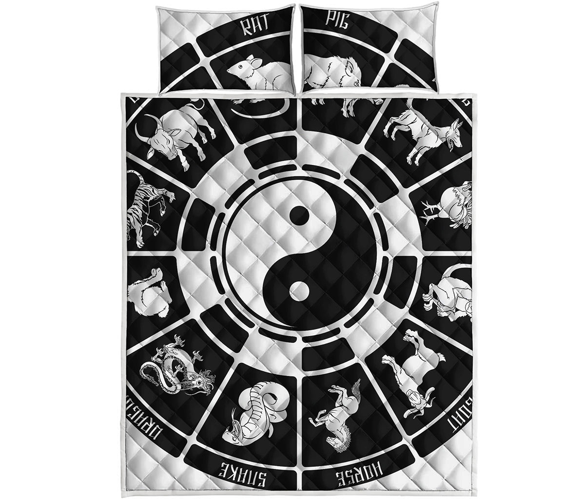 Black And White Chinese Zodiac Print Quilt Bed Set