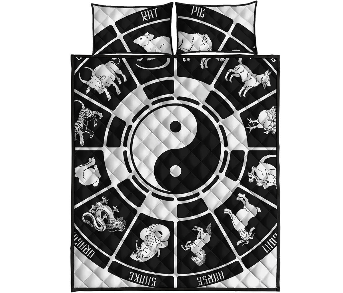 Black And White Chinese Zodiac Print Quilt Bed Set