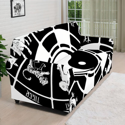 Black And White Chinese Zodiac Print Sofa Cover