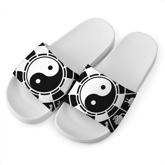 Black And White Chinese Zodiac Print White Slide Sandals
