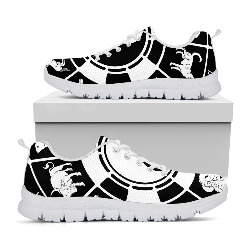 Black And White Chinese Zodiac Print White Sneakers