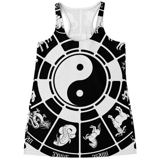 Black And White Chinese Zodiac Print Women's Racerback Tank Top