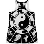 Black And White Chinese Zodiac Print Women's Racerback Tank Top