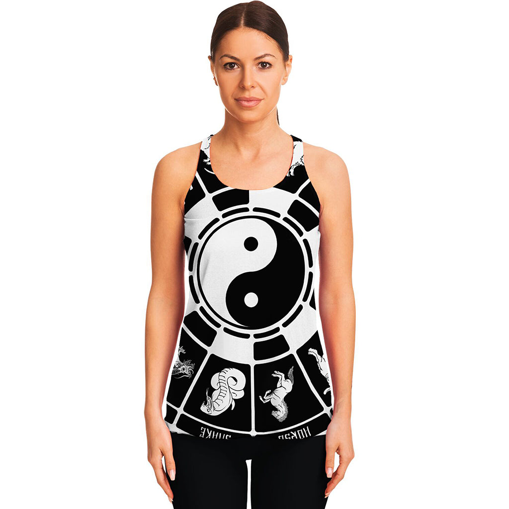 Black And White Chinese Zodiac Print Women's Racerback Tank Top
