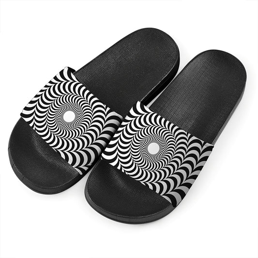 Black And White Circle Illusion Print Black Slide Sandals