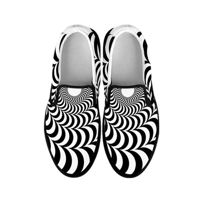 Black And White Circle Illusion Print Black Slip On Shoes