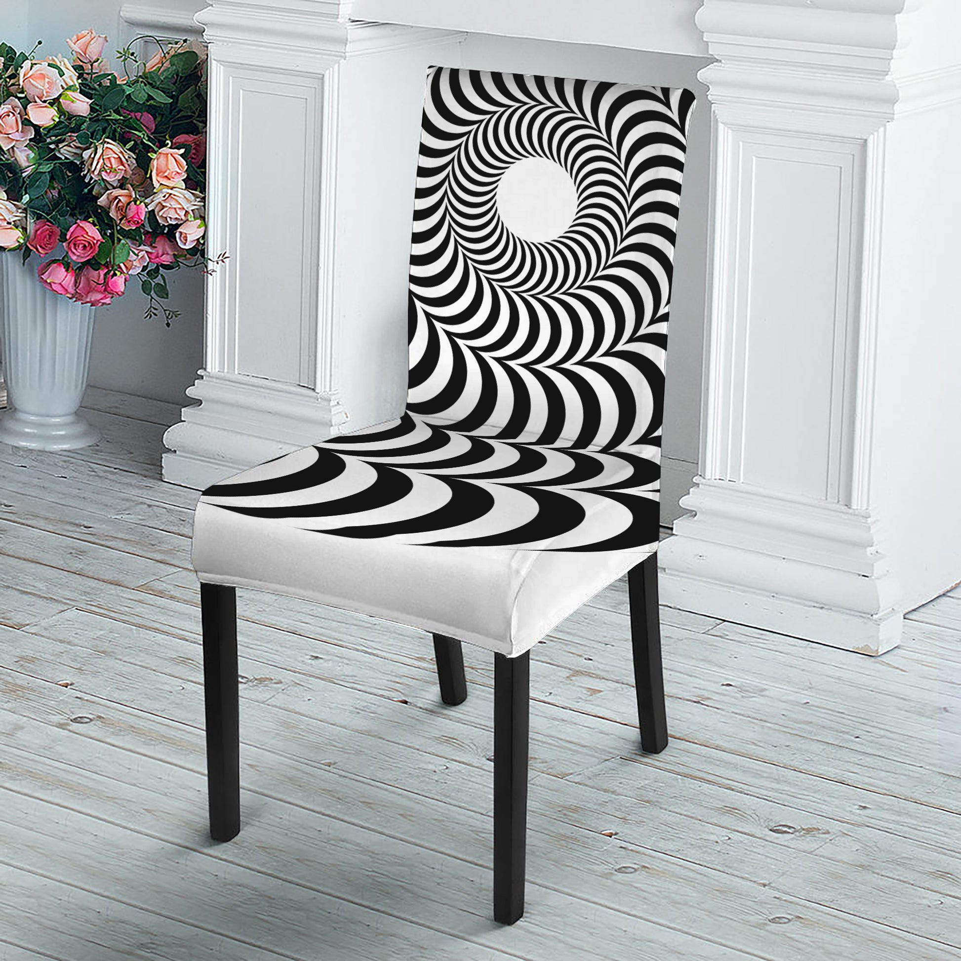 Black And White Circle Illusion Print Dining Chair Slipcover