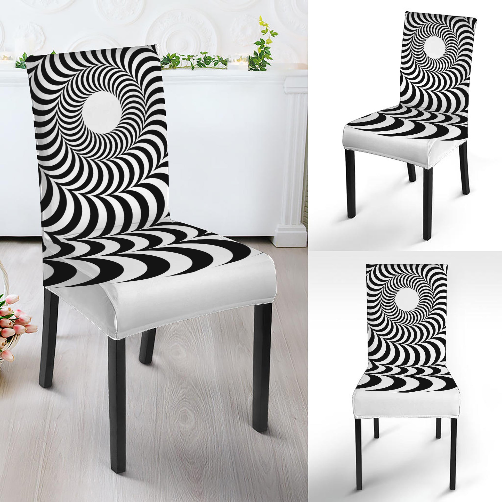 Black And White Circle Illusion Print Dining Chair Slipcover