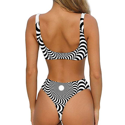 Black And White Circle Illusion Print Front Bow Tie Bikini