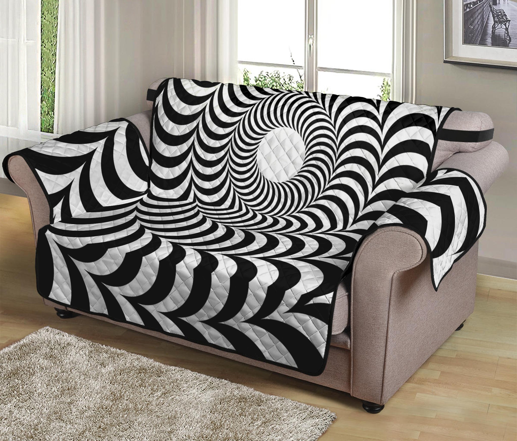 Black And White Circle Illusion Print Loveseat Protector