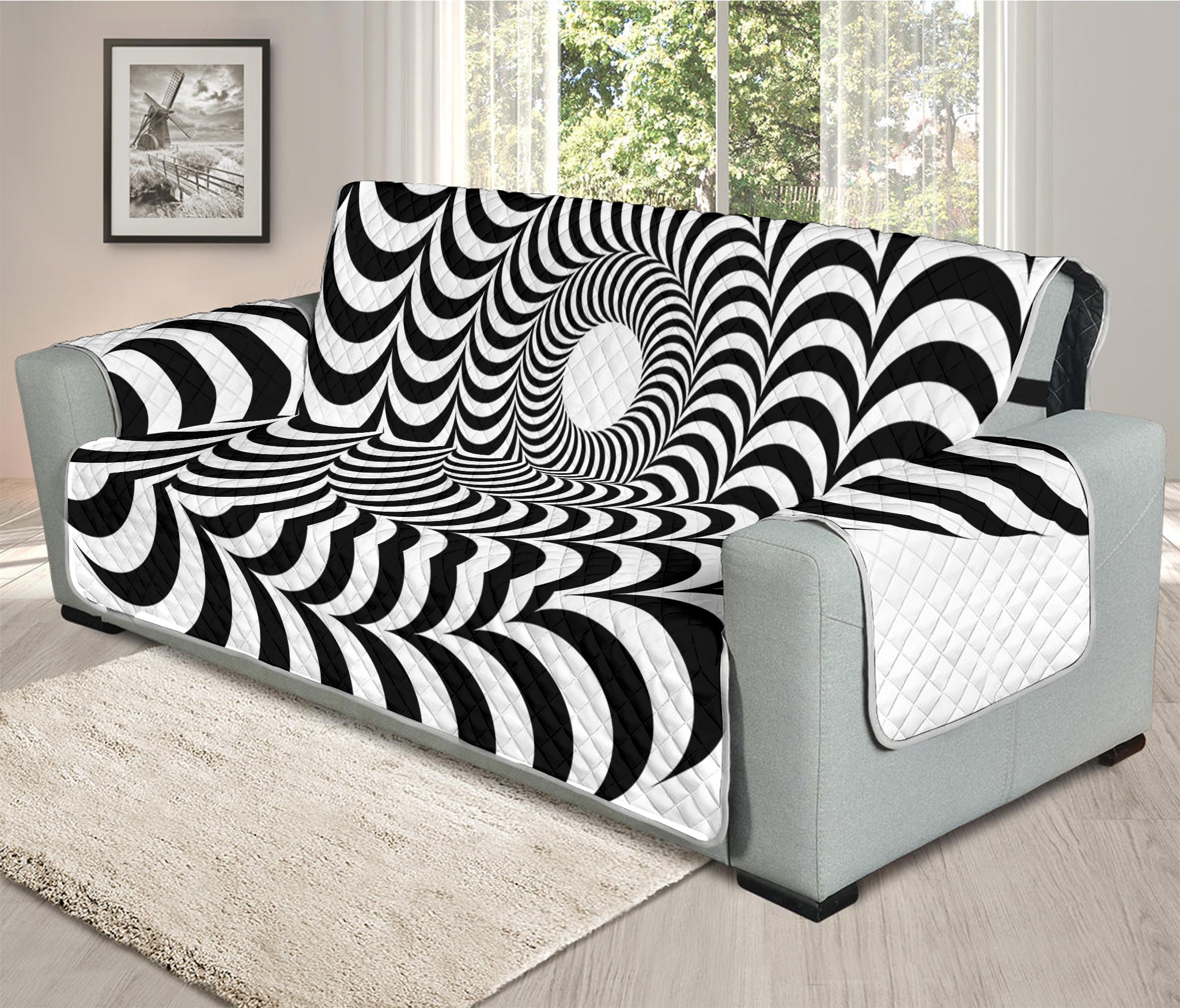 Black And White Circle Illusion Print Oversized Sofa Protector