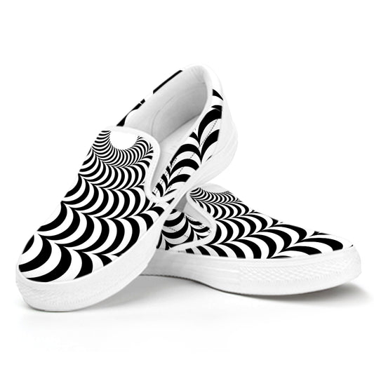 Black And White Circle Illusion Print White Slip On Shoes
