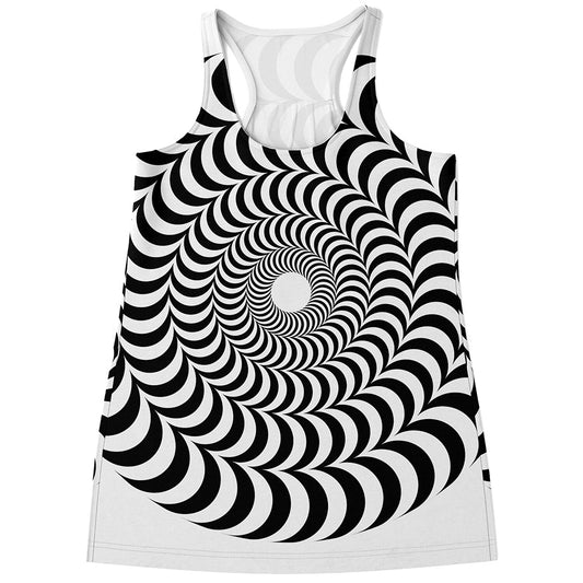 Black And White Circle Illusion Print Women's Racerback Tank Top