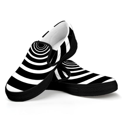Black And White Circle Swirl Print Black Slip On Shoes