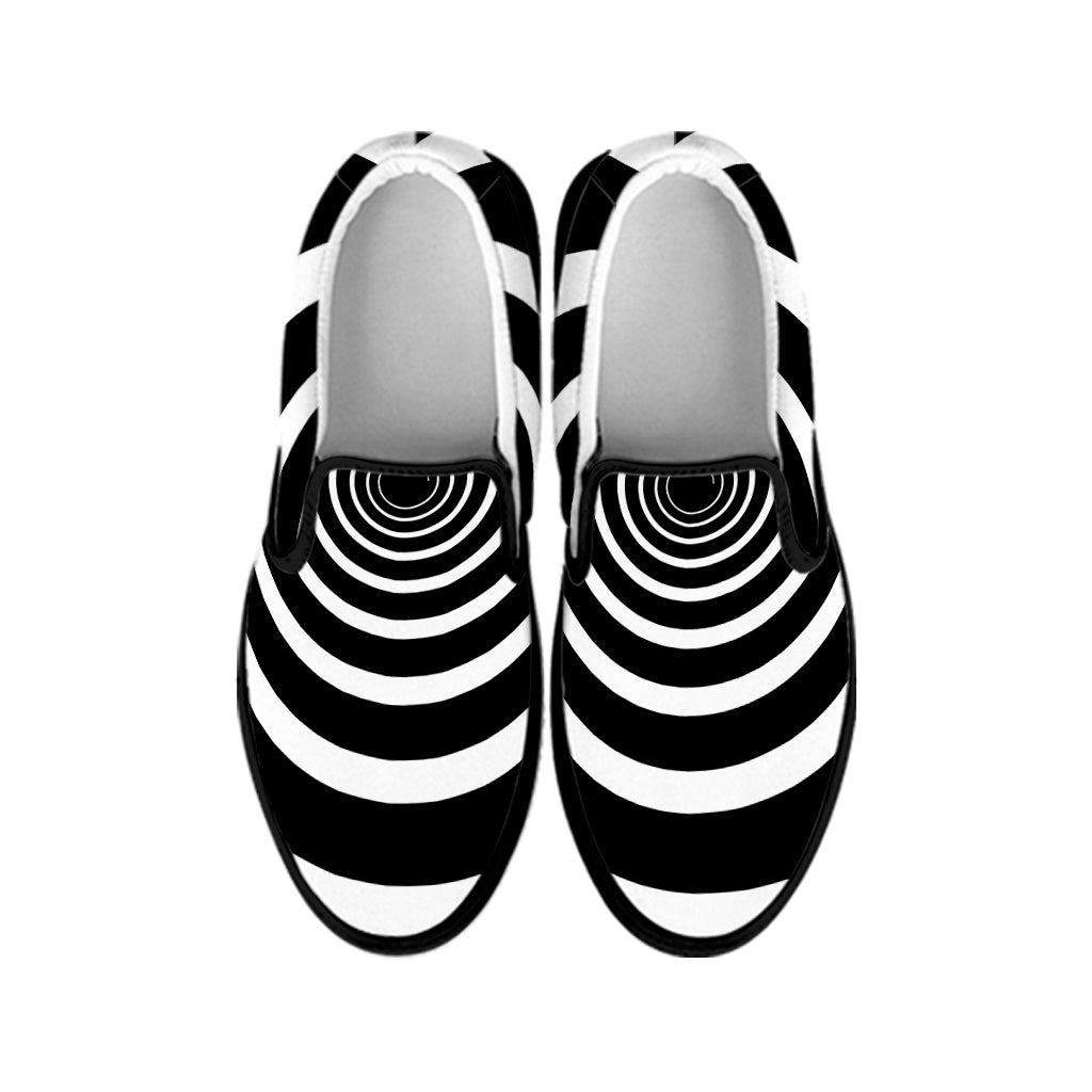 Black And White Circle Swirl Print Black Slip On Shoes