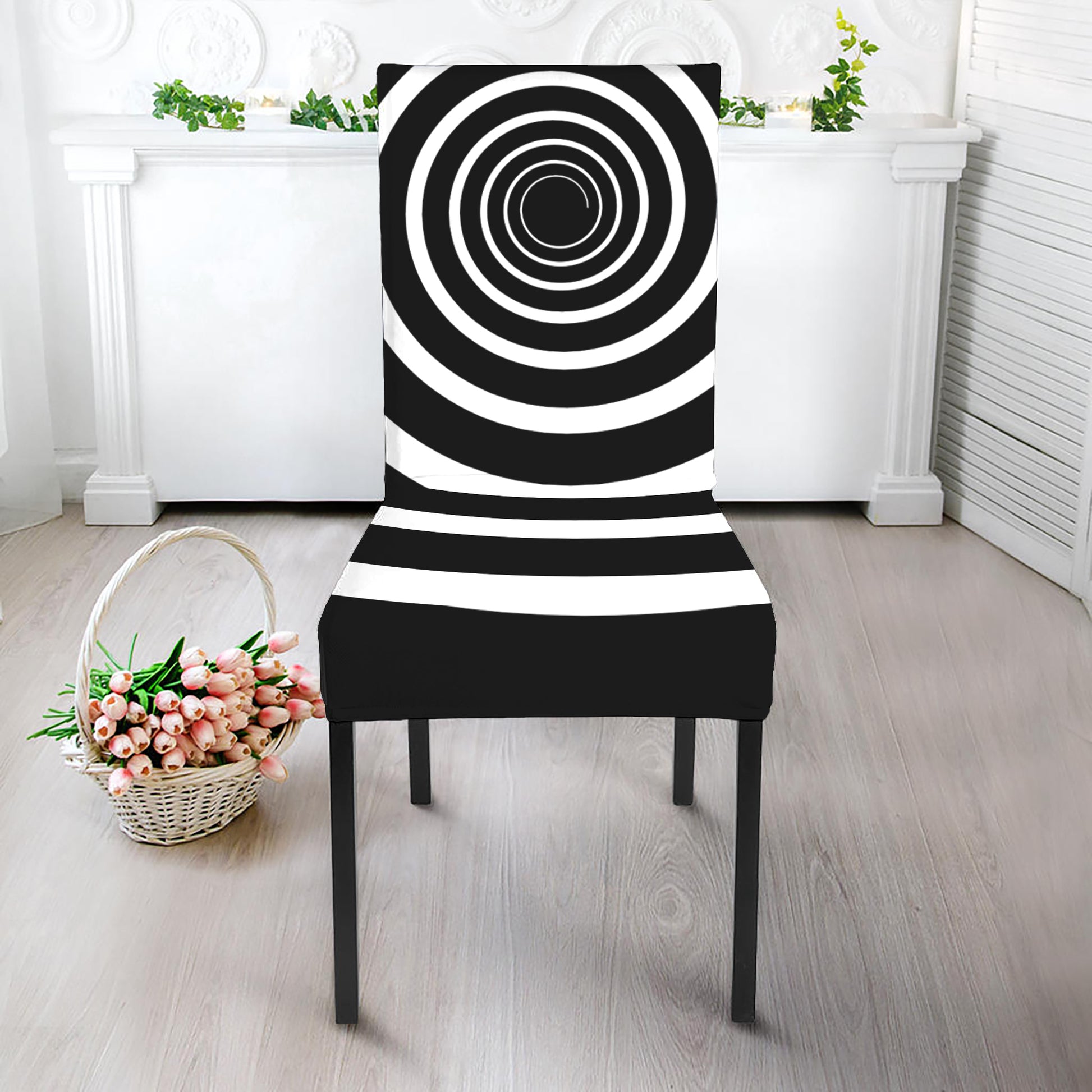 Black And White Circle Swirl Print Dining Chair Slipcover