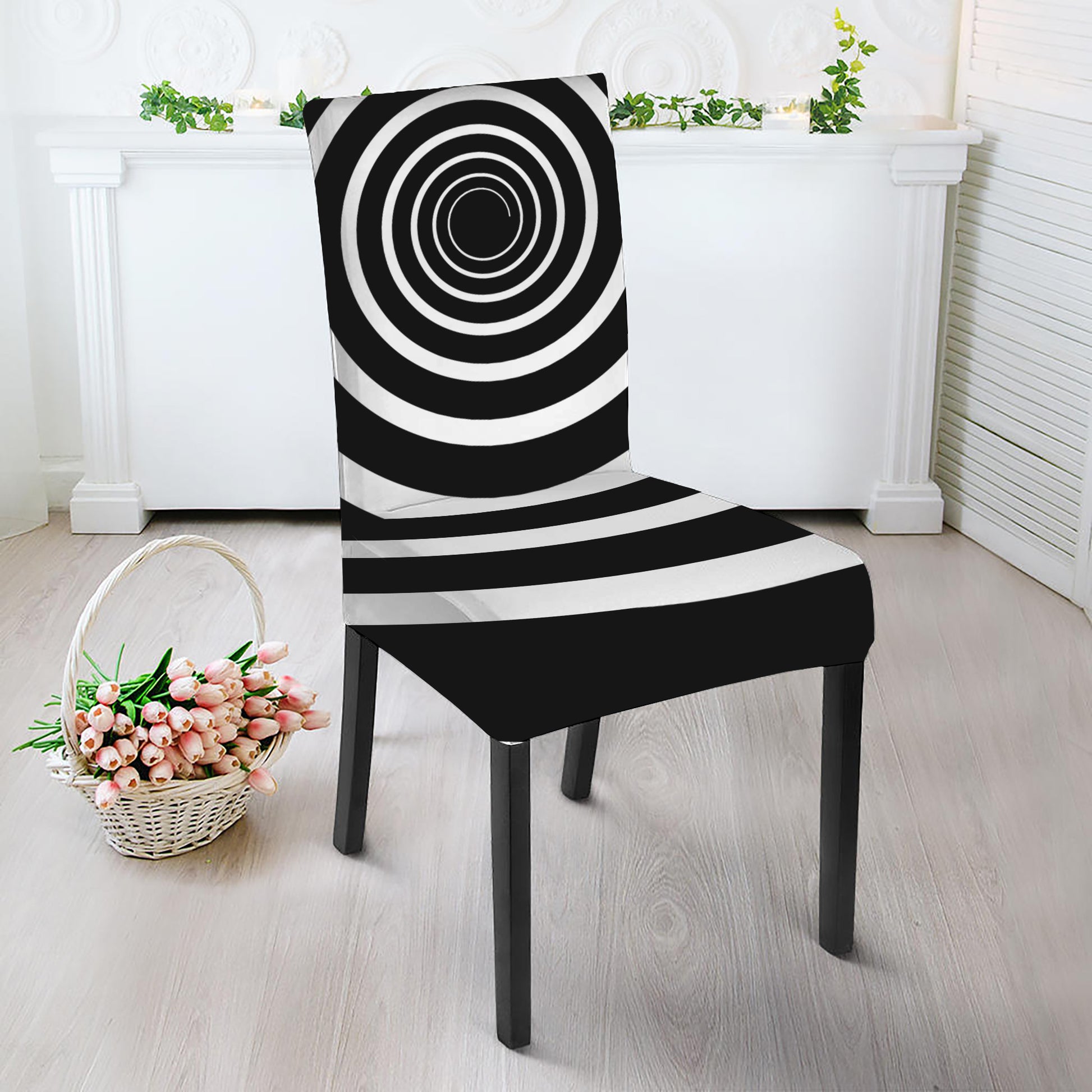 Black And White Circle Swirl Print Dining Chair Slipcover