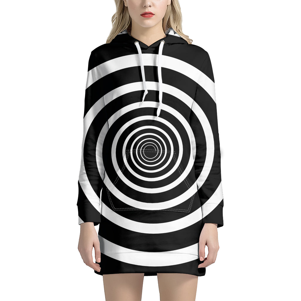Black And White Circle Swirl Print Hoodie Dress