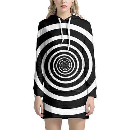 Black And White Circle Swirl Print Hoodie Dress