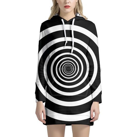 Black And White Circle Swirl Print Hoodie Dress