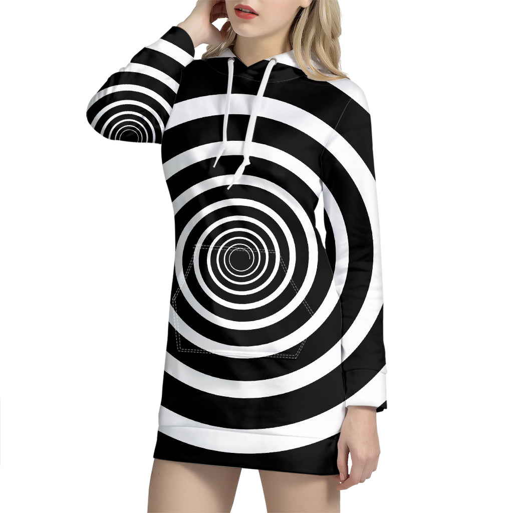 Black And White Circle Swirl Print Hoodie Dress