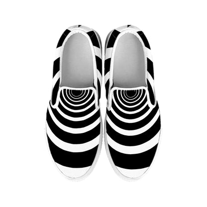 Black And White Circle Swirl Print White Slip On Shoes
