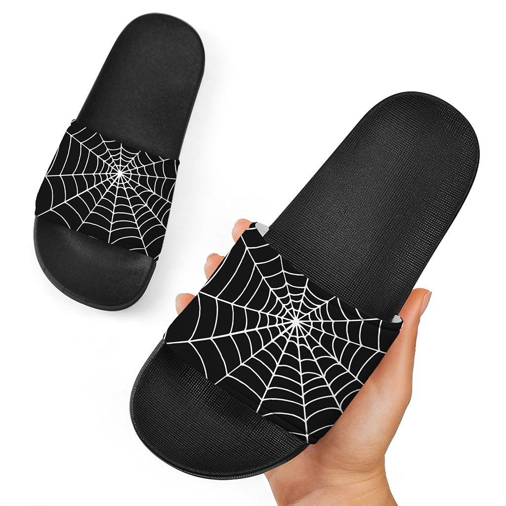 Black And White Cobweb Print Black Slide Sandals