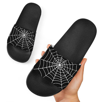 Black And White Cobweb Print Black Slide Sandals