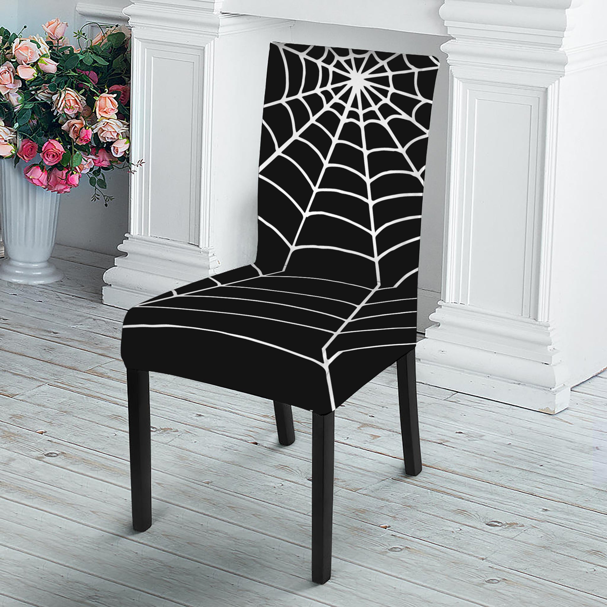 Black And White Cobweb Print Dining Chair Slipcover