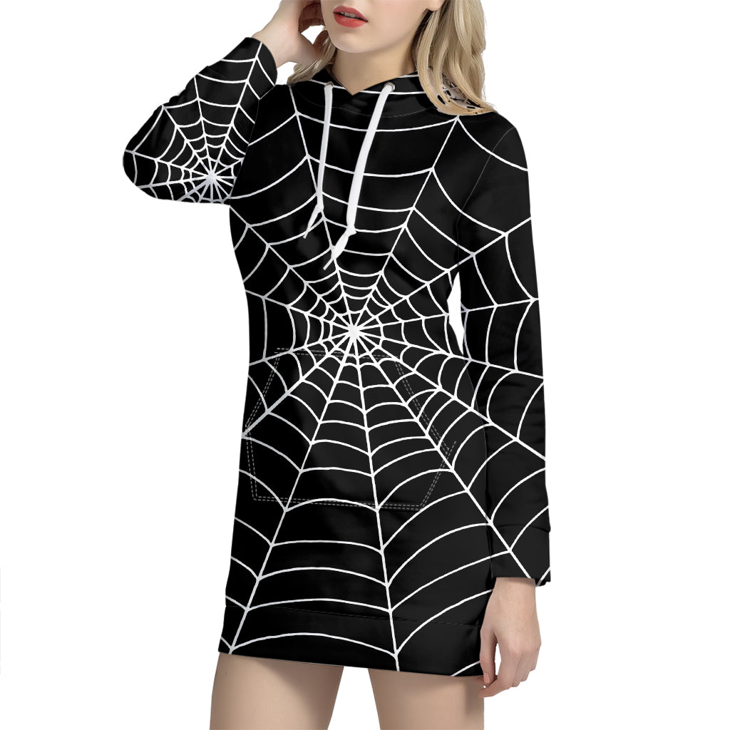 Black And White Cobweb Print Hoodie Dress