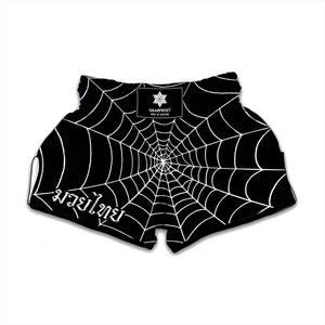 Black And White Cobweb Print Muay Thai Boxing Shorts