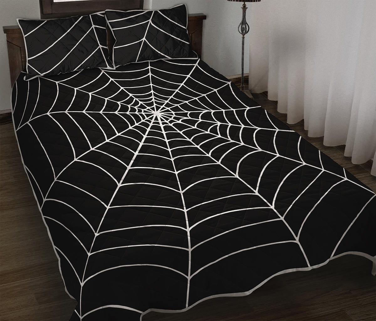 Black And White Cobweb Print Quilt Bed Set