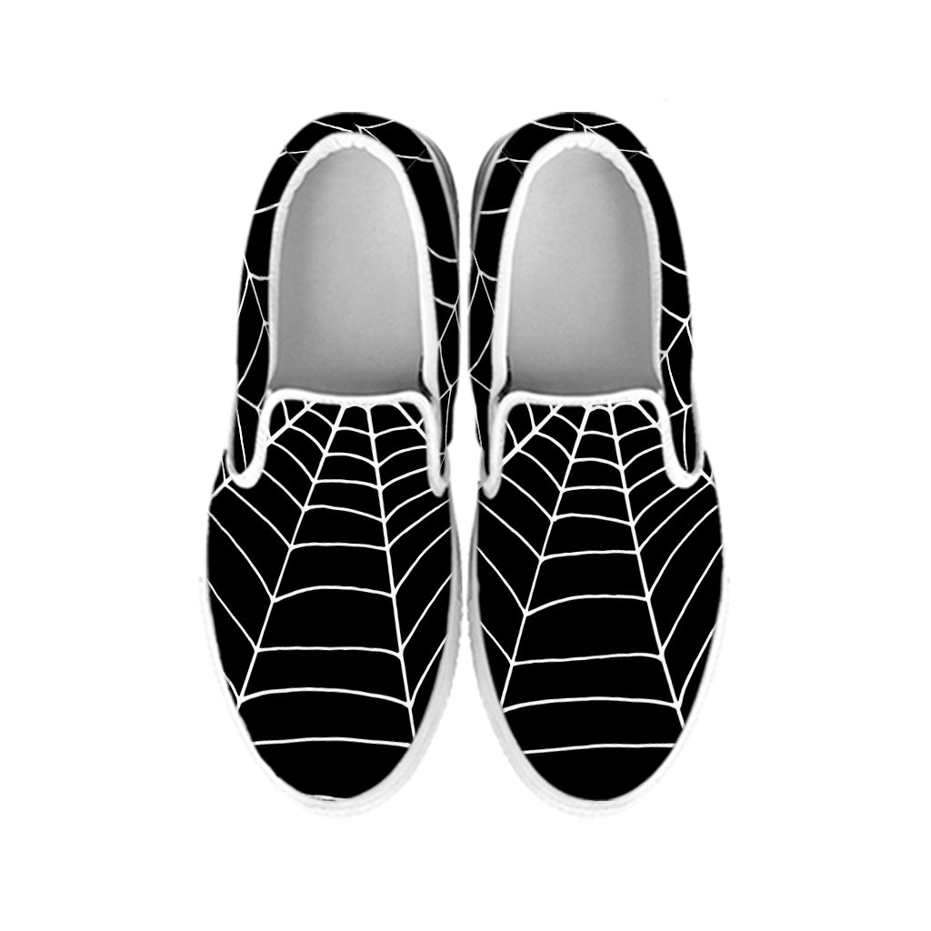 Black And White Cobweb Print White Slip On Shoes